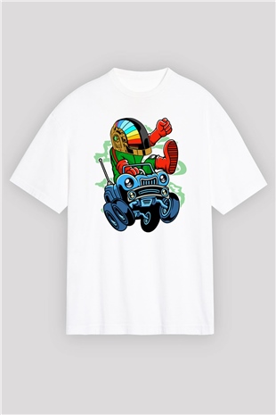 Road Daft Punk Baskılı Beyaz Unisex Oversize Tişört