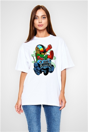 Road Daft Punk Baskılı Beyaz Unisex Oversize Tişört