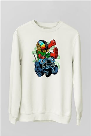 Road Daft Punk Baskılı Beyaz Unisex Sweatshirt