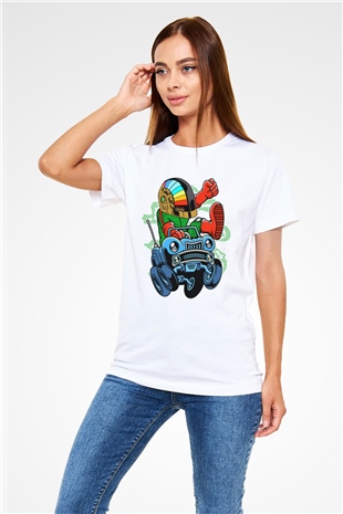 Road Daft Punk Baskılı Beyaz Unisex Tişört