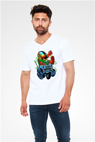 Road Daft Punk Baskılı Beyaz Unisex V Yaka Tişört