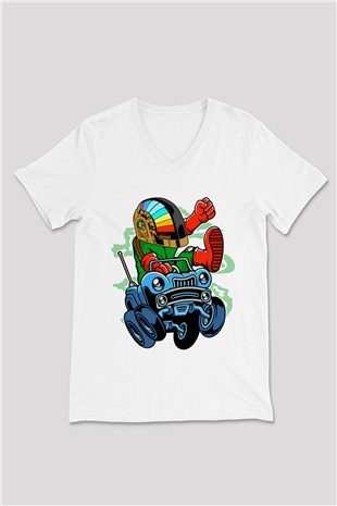 Road Daft Punk Baskılı Beyaz Unisex V Yaka Tişört