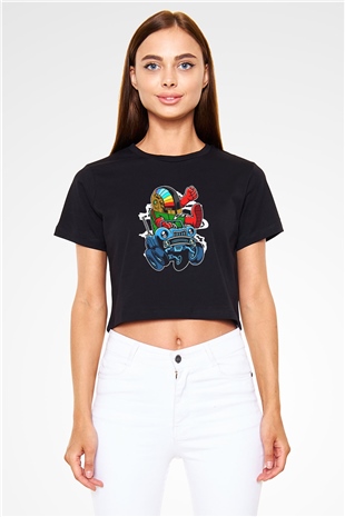 Road Daft Punk Baskılı Siyah Kadın Crop Top Tişört
