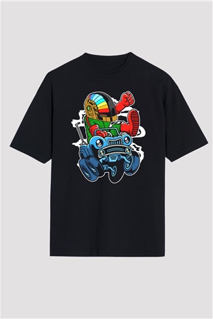 Road Daft Punk Baskılı Siyah Unisex Oversize Tişört