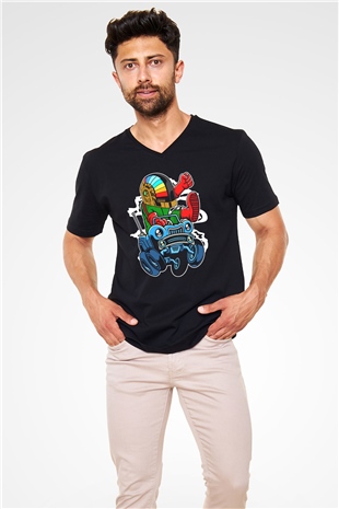 Road Daft Punk Baskılı Siyah Unisex V Yaka Tişört