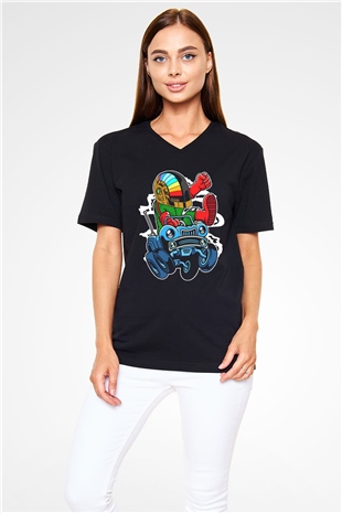 Road Daft Punk Baskılı Siyah Unisex V Yaka Tişört
