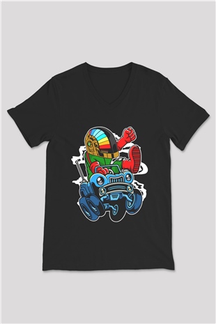 Road Daft Punk Baskılı Siyah Unisex V Yaka Tişört