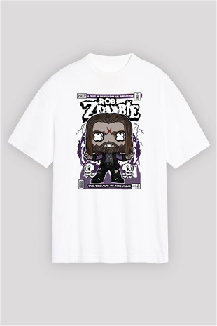 Rob Zombie Baskılı Unisex Beyaz Oversize Tişört