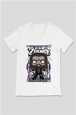 Rob Zombie Baskılı Unisex Beyaz V Yaka Tişört