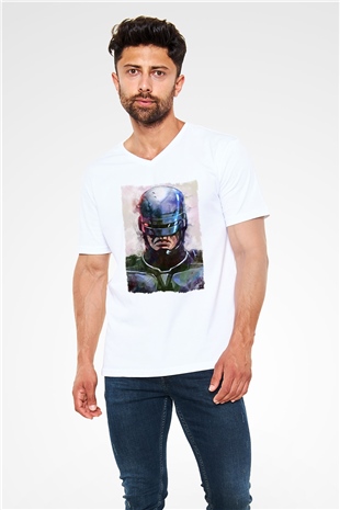 RoboCop Beyaz Unisex V Yaka Tişört