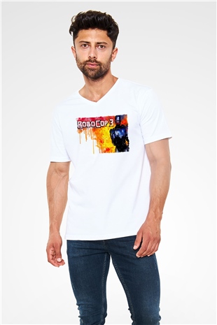 RoboCop Beyaz Unisex V Yaka Tişört