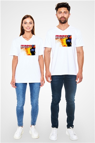 RoboCop Beyaz Unisex V Yaka Tişört