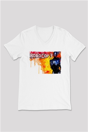 RoboCop Beyaz Unisex V Yaka Tişört