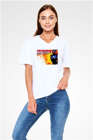 RoboCop Beyaz Unisex V Yaka Tişört