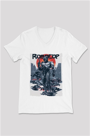 RoboCop Beyaz Unisex V Yaka Tişört