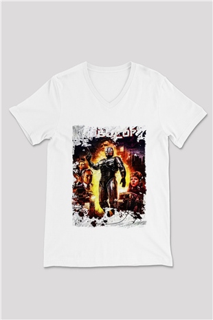 RoboCop Beyaz Unisex V Yaka Tişört