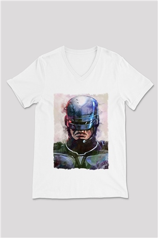 RoboCop Beyaz Unisex V Yaka Tişört