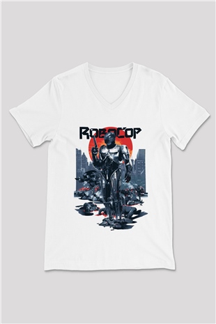 RoboCop Beyaz Unisex V Yaka Tişört T-Shirt
