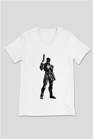 RoboCop Beyaz Unisex V Yaka Tişört T-Shirt
