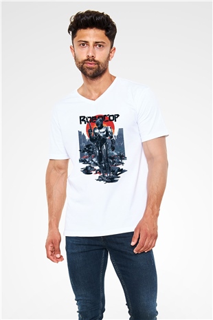 RoboCop Beyaz Unisex V Yaka Tişört T-Shirt