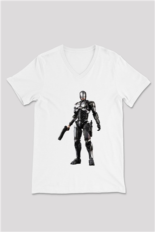 RoboCop Beyaz Unisex V Yaka Tişört T-Shirt