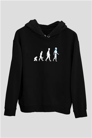 Robot Evrimi Baskılı Unisex Siyah Kapüşonlu Sweatshirt