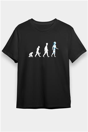 Robot Evrimi Baskılı Unisex Siyah Tişört - Tshirt