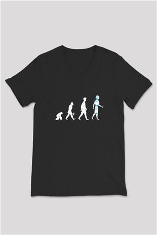Robot Evrimi Baskılı Unisex V Yaka Siyah Tİşört - Tshirt