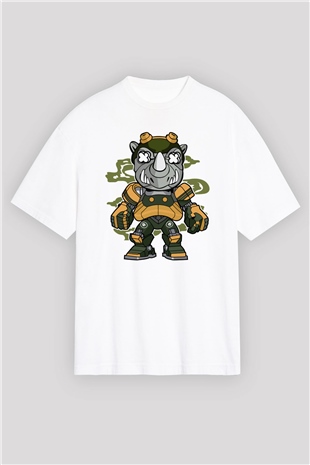 Rock Steady Mecha Baskılı Beyaz Unisex Oversize Tişört