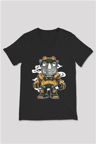 Rock Steady Mecha Baskılı Siyah Unisex V Yaka Tişört