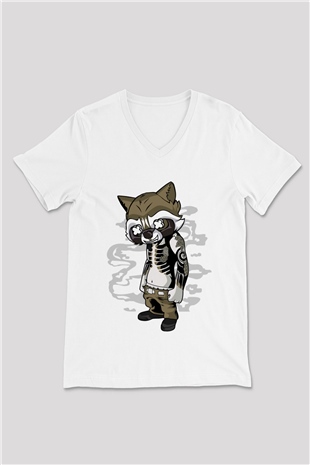 Rocket Gangster Baskılı Beyaz Unisex V Yaka Tişört