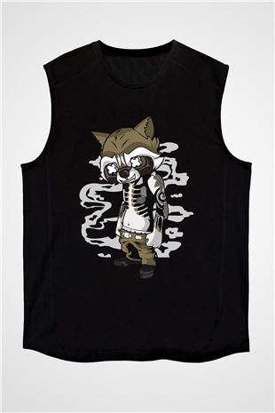 Rocket Gangster Baskılı Siyah Unisex Kolsuz Tişört