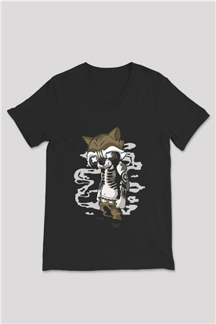 Rocket Gangster Baskılı Siyah Unisex V Yaka Tişört