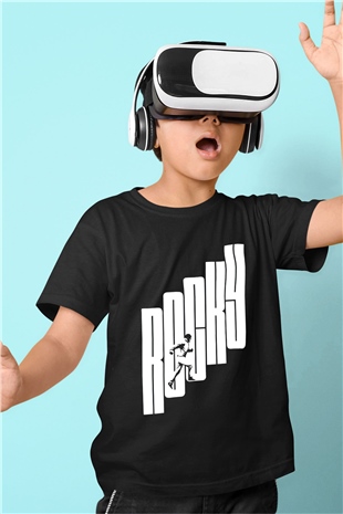 Rocky Baskılı Siyah Unisex Çocuk Tişört