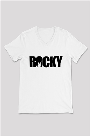 Rocky Beyaz Unisex V Yaka Tişört T-Shirt