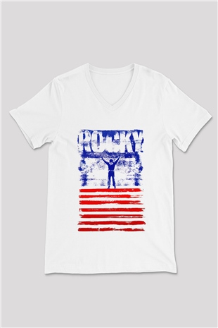 Rocky Beyaz Unisex V Yaka Tişört T-Shirt