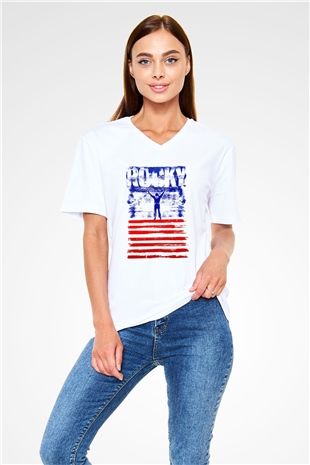 Rocky Beyaz Unisex V Yaka Tişört T-Shirt