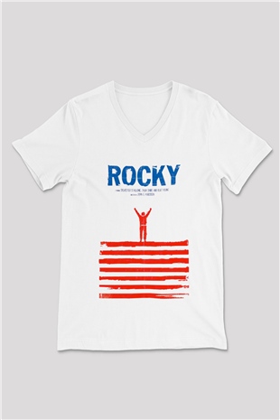 Rocky Beyaz Unisex V Yaka Tişört T-Shirt