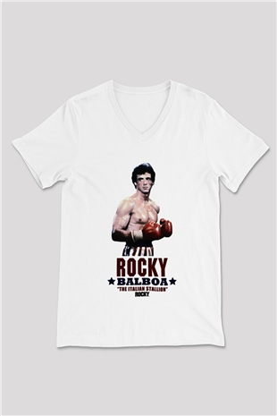 Rocky Beyaz Unisex V Yaka Tişört T-Shirt
