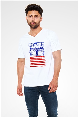 Rocky Beyaz Unisex V Yaka Tişört T-Shirt