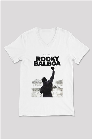 Rocky Beyaz Unisex V Yaka Tişört T-Shirt