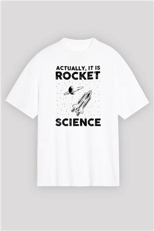 Roket Bilim Baskılı Unisex Oversize Beyaz Tişört - Tshirt