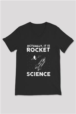 Roket Bilim Baskılı Unisex V Yaka Siyah Tİşört - Tshirt