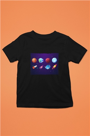 Roketler Ve Gezegenler Baskılı Unisex Siyah Çocuk Tişört