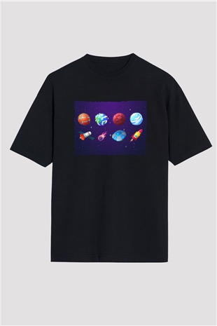 Roketler Ve Gezegenler Baskılı Unisex Siyah Oversize Tişört
