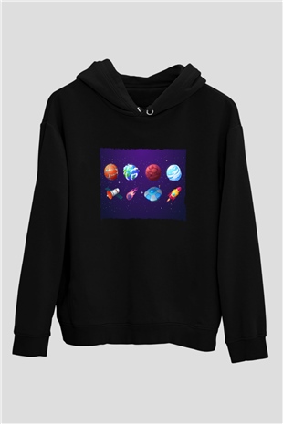 Roketler Ve Gezegenler Baskılı Unisex Siyah Hoodie