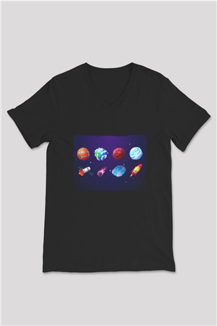 Roketler Ve Gezegenler Baskılı Unisex Siyah V Yaka Tişört