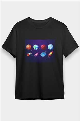 Roketler Ve Gezegenler Baskılı Unisex Siyah Tişört