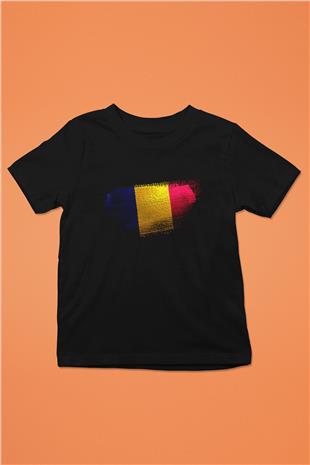 Romanya - Romania Bayrağı Baskılı Unisex Siyah Çocuk Tişörtü