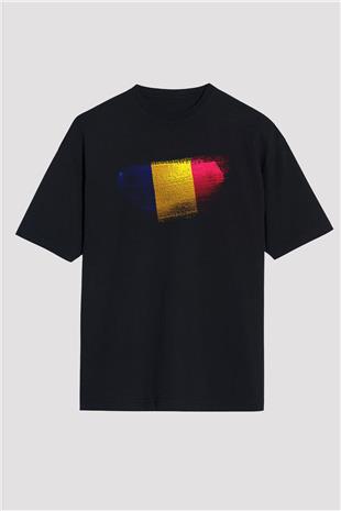 Romanya - Romania Bayrağı Baskılı Unisex Siyah Oversize Tişört